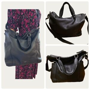 Tahari Butter Soft Slouchy  Black Pebbled Leather Side Pockets Top Handle TOTE